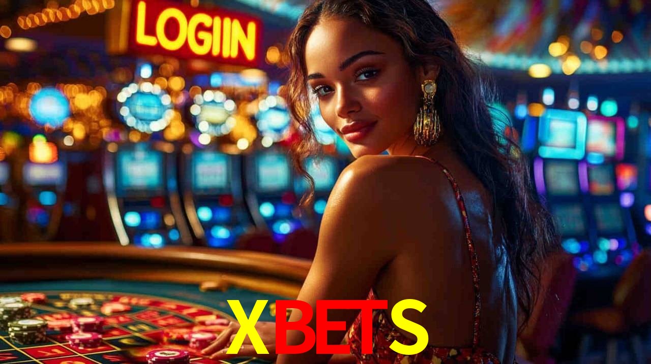 Escena dinámica inspirada en casino con iluminación XBETS, cartas, fichas e íconos de juegos digitales en un espacio moderno de juegos.