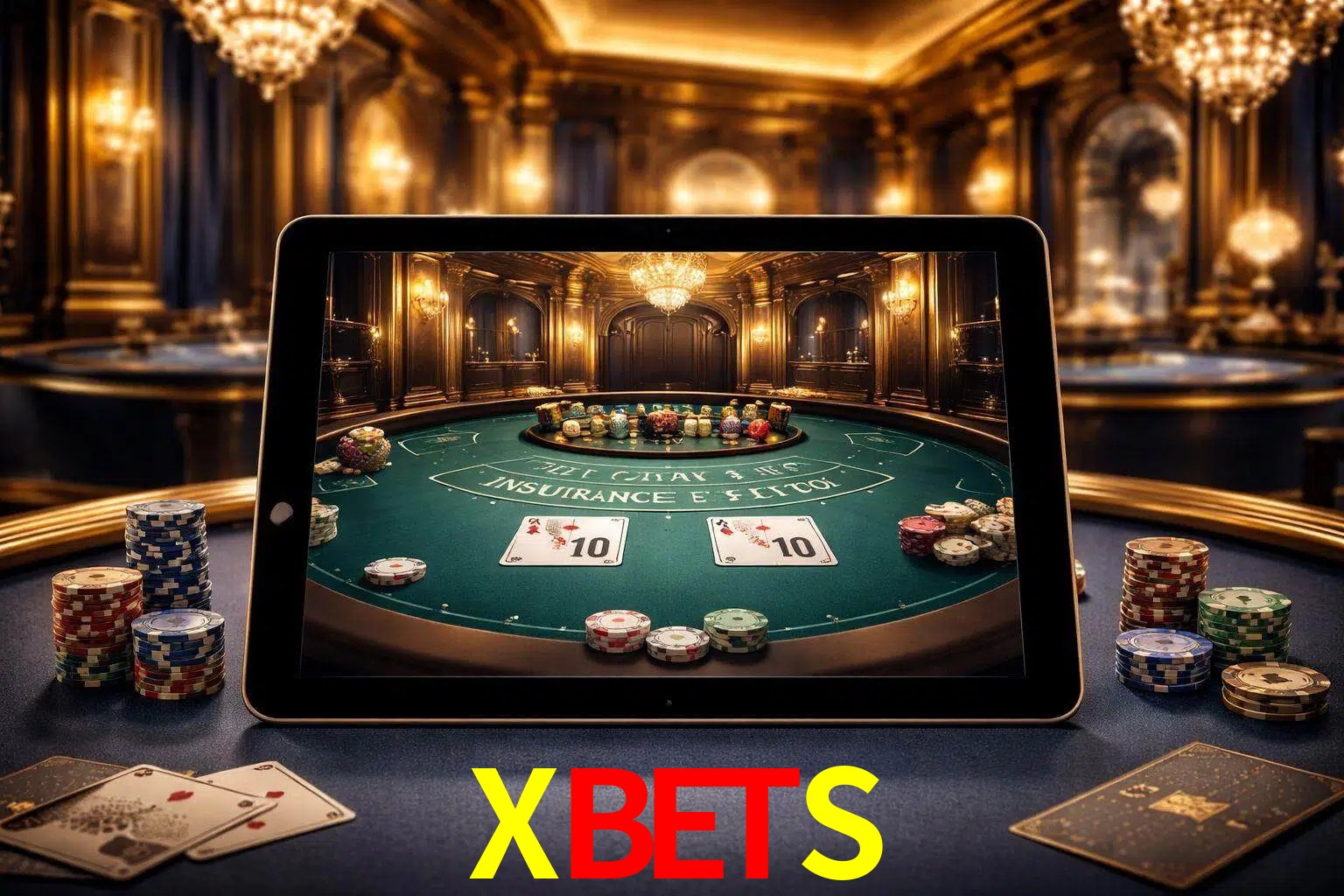 Configuración moderna de casino en vivo con una tableta mostrando una mesa de blackjack, luces cálidas de estudio y una atmósfera elegante de juegos digitales.