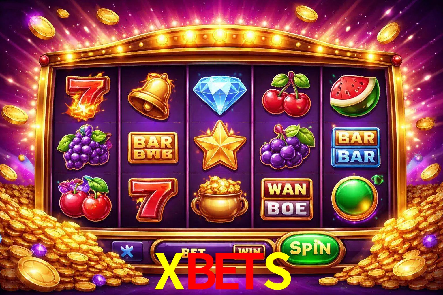 Una interfaz colorida de tragamonedas en línea con símbolos brillantes, monedas y un efecto de victoria celebratoria en XBETS.