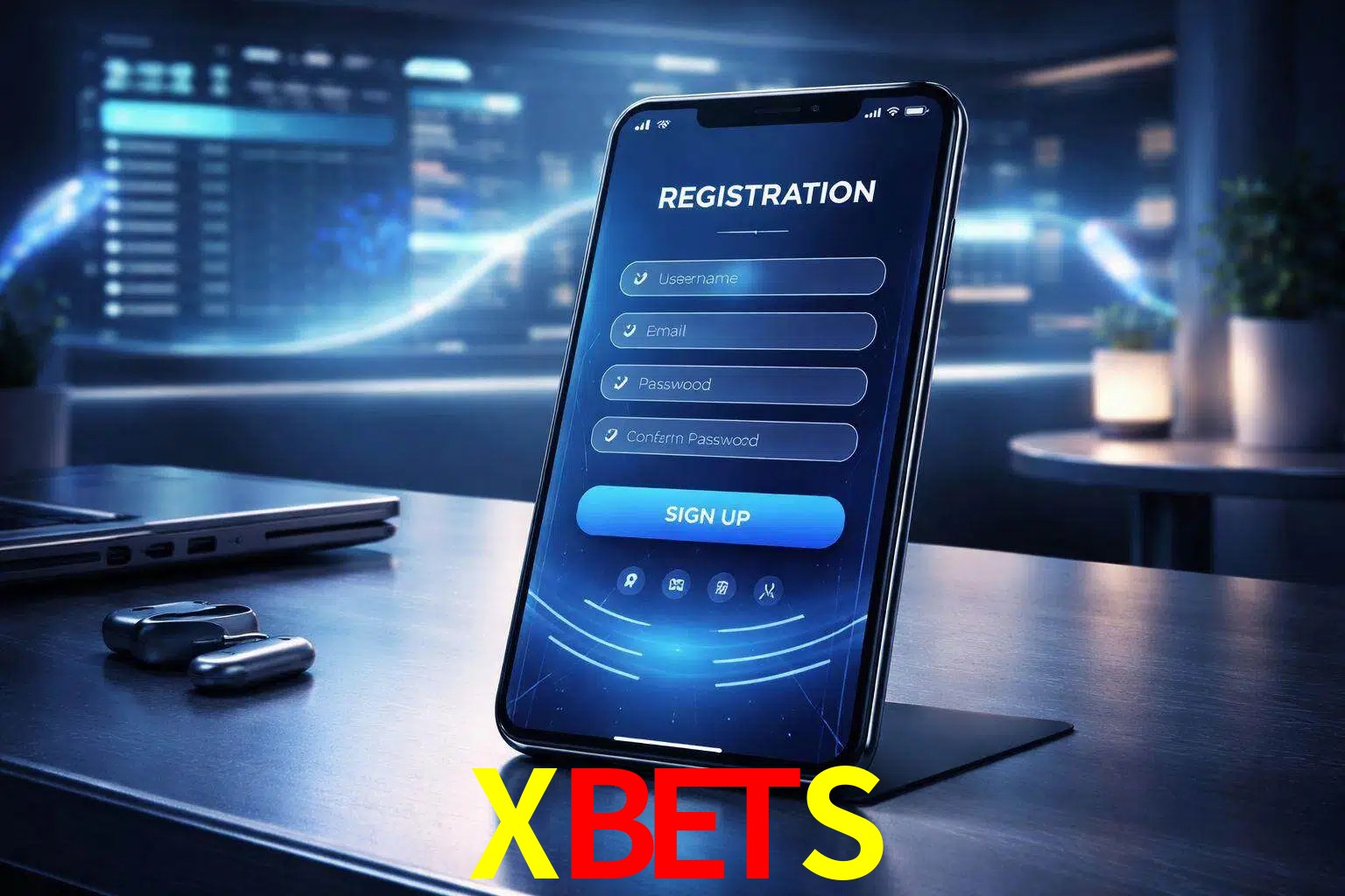 Una interfaz moderna de registro móvil para XBETS mostrada en un smartphone con un panel de apuestas elegante.
